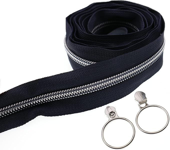 Leekayer Silver Metallic Nylon Coil Zippers by The Yard Bulk 10 Yards Navy Black with 25pcs Silver Sliders for DIY Sewing Tailor Craft Bag