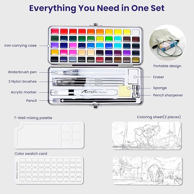 Watercolor Paint Set, 50 Colors, 4 Brushes, 3 Swatch Cards, Palette, Acrylic Marker Pen, and Accessories Included, All in One Portable Travel Watercolor Kit, Art Supplies Gift for Kids, Adults, Artists, and Hobbyists