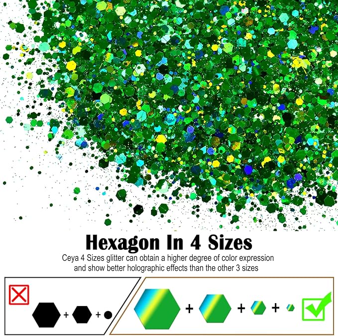 Ceya Holographic Chunky Glitter, 4.9oz/ 140g Green Craft Glitter Powder Mixed Chunky & Fine Flakes Iridescent Nail Sequins for St Patricks Day Party Decor, Epoxy Resin, Tumblers, Slime, Painting