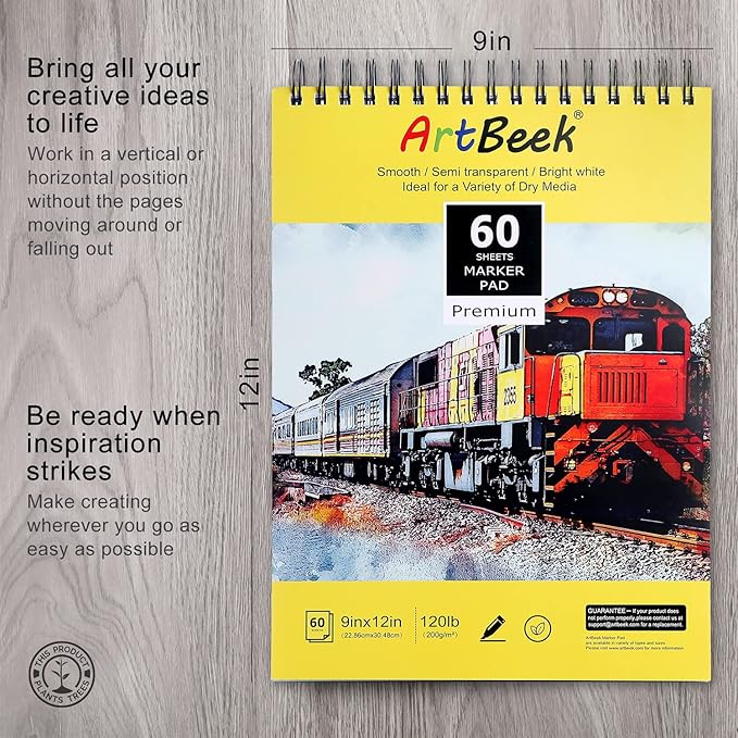 ArtBeek Marker Paper Pad, 9"x12" Alcohol Marker Paper, 60 Sheets (120lb/200gsm) Marker Sketchbook Bleedproof, Art Paper for Drawing and Painting, Sketching, Coloring, Lettering