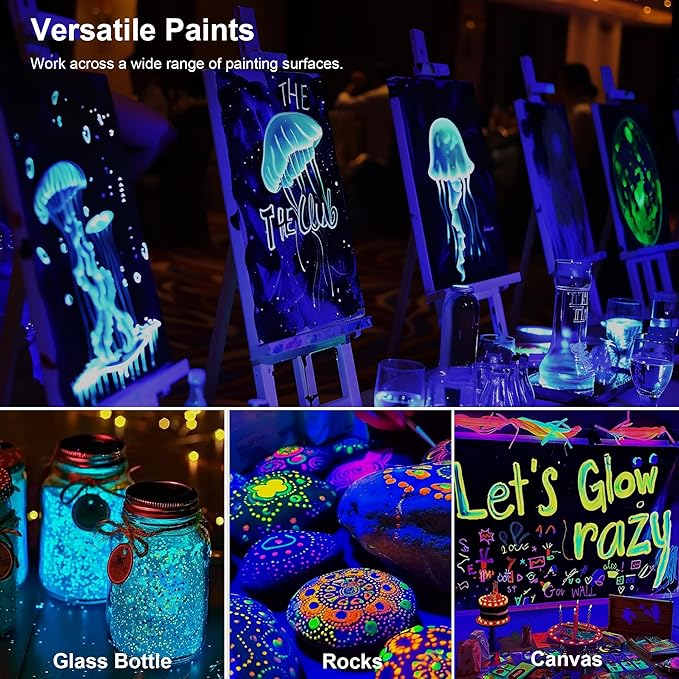 AUREUO Glow in the Dark Acrylic Paint, 8 Colors x 0.71 Fl Oz / 21ml Neon UV Black Light Paints for Easter Rocks, Wood, Craft, Canvas, Paint Party Supplies