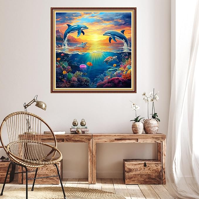 Hopeart Stamped Cross Stitch Kits for Beginner Embroidery Kits for Beginners Adults DIY 11CT Cross Stitch Patterns Needlepoint Kits Crossstitching Kits-Sunrise Dolphin 18x18 inch