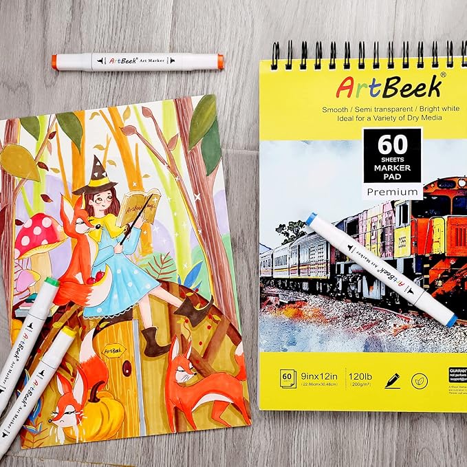 ArtBeek Marker Paper Pad, 9"x12" Alcohol Marker Paper, 60 Sheets (120lb/200gsm) Marker Sketchbook Bleedproof, Art Paper for Drawing and Painting, Sketching, Coloring, Lettering