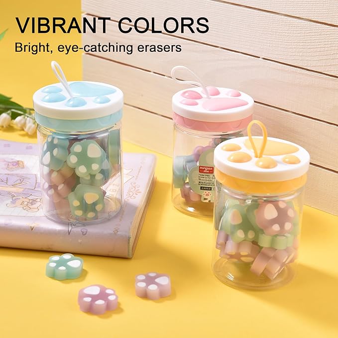 HILAZA 54Pcs Cat Paw Erasers for Kids, Fluorescent erasers, Kawaii Jelly Pencil Erasers Bulk for Office Supplies Classroom Rewards Party Favors