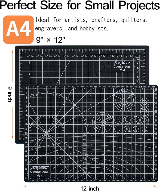 Density-upgraded 9"x12" Self Healing Cutting Mat, Idemeet Rotary Sewing Mat for Crafts, 5-Ply Blade Table Protector Cut Board for Fabric Leather Cutting Quilting Modeling Hobby Project, A4, Black