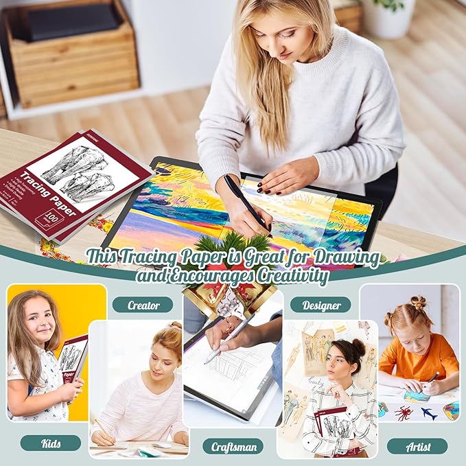 Tracing Paper 9x12 inch, 100 Sheets Transparent Vellum Paper for Tracing Pads, Translucent Tracing Paper for Pencil, Marker and Ink - Trace Images, Sketch, Preliminary Drawing, Overlays, Red