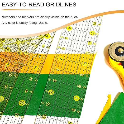 Quilting Ruler, Sewing Ruler, 8 Pack, Acrylic Quilting Templates(6"x17", 3"x17", 2"x16", 1.5"x12", 1"x12", 1"x6", 8"x3"), Non Slip Rings 25 Pieces, Sewing and Quilting Supplies - Clear/Yellow