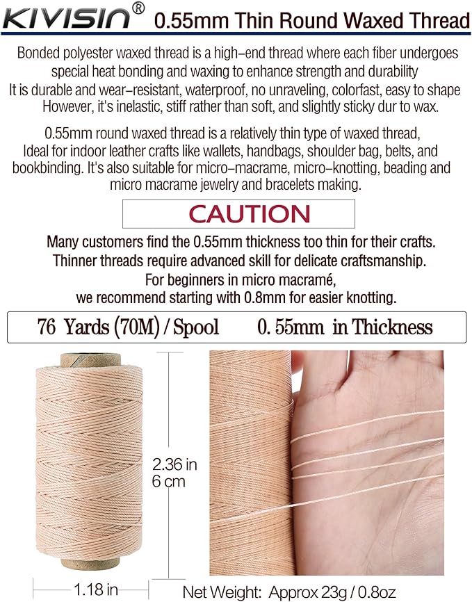 0.55mm Bonded Round Waxed Polyester Thread 76 Yards Each, 12 Rainbow Color Wax Coated String Thin Cord for Micro Macrame, Bracelets Braided, Leather Sewing, Stitching, Beading and Bookbinding