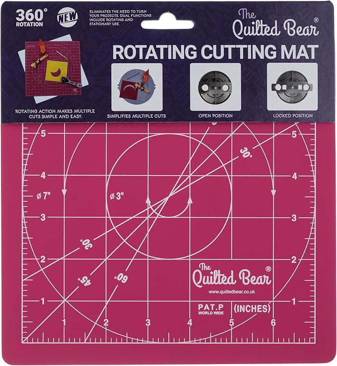 The Quilted Bear Rotating Cutting Mat 7" x 7" - Locking & Rotating Self Healing Cutting Board for Sewing, Fabric & Effortless Quilting - 360 Degree Sewing Supplies Mat for Craft Table (Pink)