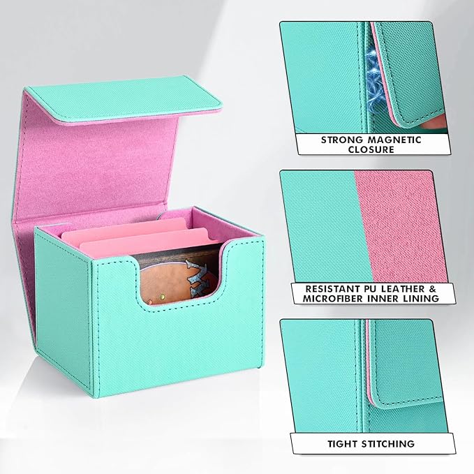ZLCA Card Deck Box for Trading Cards, MTG Commander Deck Box Holds 120+ Single Sleeved Cards, Leather Magnetic Card Storage Case Fits for TCG CCG (Turquois& Pink)