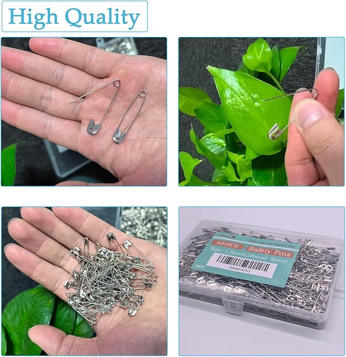 Safety Pins, 600PCS-1.5Inch Small Safety Pins, Rust-Resistant Nickel Plated Steel, Sharp Edge Safety Pin for Clothes, Sewing, Arts & Craft, 38mm Decorative Safety Pins (Silver), UR-28