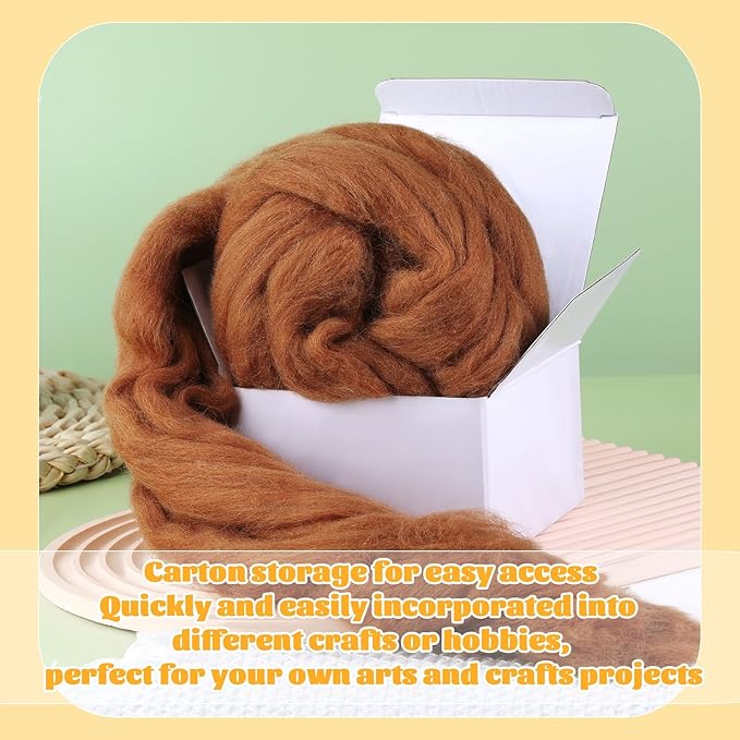 3.53oz Wool Roving Yarn, Fiber Roving Wool Top, Pure Wools, Chunky Yarn, Spinning Wool Roving for Needle Felting Wet Felting DIY Hand Spinning (Wood Brown)