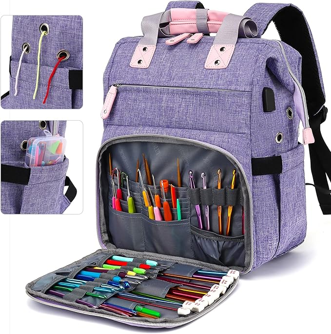 Crochet Backpack,Knitting Bag Backpack Yarn Storage Organizer Travel Crochet Bag with USB Charging Port,Large Yarn Tote Bag, Purple, Crochet Backpack, Travel