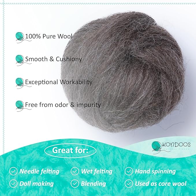 Kondoos Natural Wool roving, 8 OZ. Best for Needle Felting, handcrafts and Spinning. Natural Colours, un-Dyed. (Brown Mocha, 8 oz)