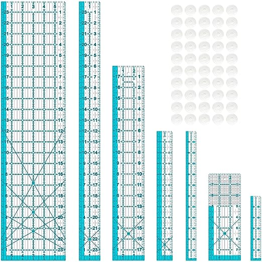 Acrylic Ruler 7 Piece Set, Non Slip Rings 50 Pieces, Quilting Rulers, Size (6"x24"), (2"x24"), (3"x18"), (3"x8"), (1.5"x12"), (1"x12"), (1"x6") (Blue-7 Piece Set)