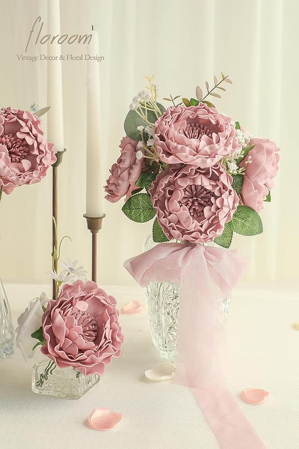 Floroom Artificial Flowers 16pcs 4" Dusty Rose Blooming Peonies Real Looking Foam Fake Peony with Stems for DIY Wedding Bouquets Bridal Shower Centerpieces Floral Arrangements Party Tables Decorations