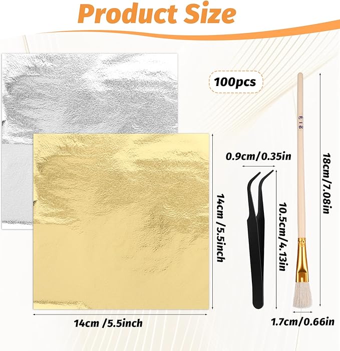 100 Pcs 5.5" X 5.5" Gold Leaf Sheets for Art Foil Paper, Gold & Silver Foils Sheets, Foil Paper Art Foils Sheet for Resin Gilding Crafting Nails Furniture Home Decor with Tweezer & Brush