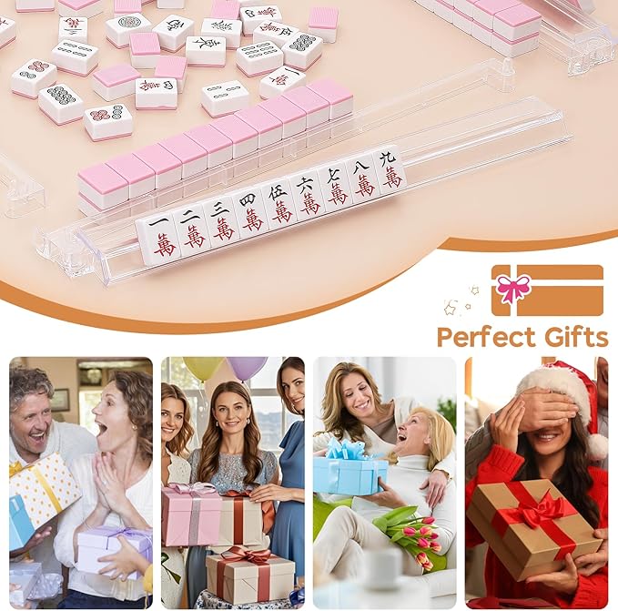 Mahjong Racks with Pushers Set of 4, Mahjong Tile Pushers and Racks, Acrylic Majiang Tile Holders Accessories (Clear)