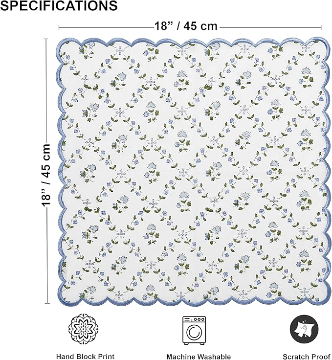 Ridhi Powder Blue Hand Block Print Napkins 18" x 18" Set of 4 Reusable Cotton Dinner Napkins for Weddings, Parties & Everyday Dining, Thanksgiving, Christmas, Fall