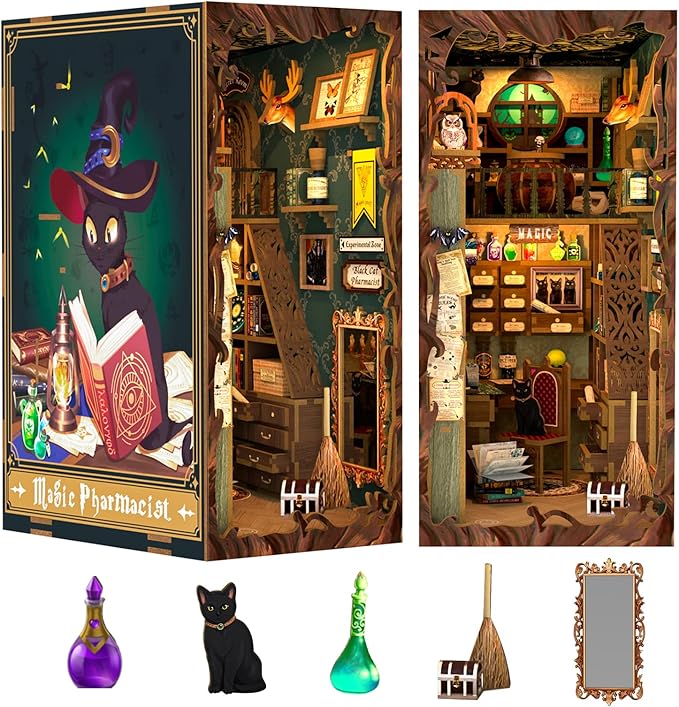 Fsolis Book Nook Kit, DIY Miniature Dollhouse Kit, 3D Wooden Puzzle for Adults, 282 Pieces, Bookshelf Decor Tiny House Mini Booknook Craft, Gifts for Women Teens and Puzzle Lovers (Magic Pharmacist)