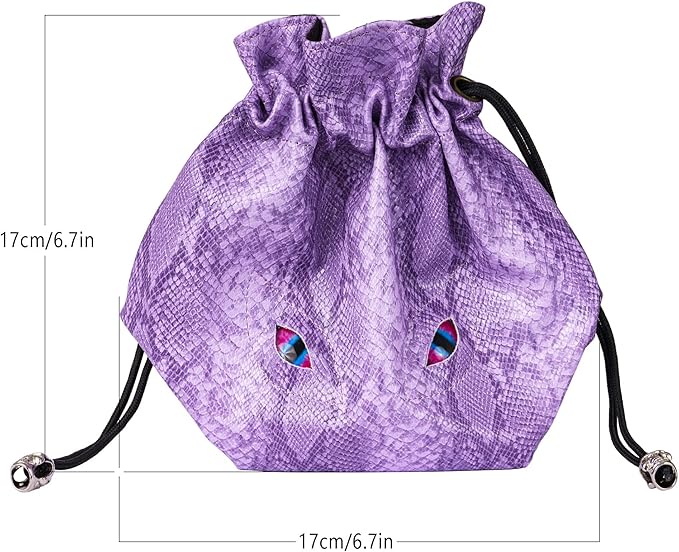 Large DND Dice Bag Leather Dice Storage Bag Purple D&D Drawstring Pouch with Pockets for RPG Table Games - Can Hold 200+ Polyhedral Dice