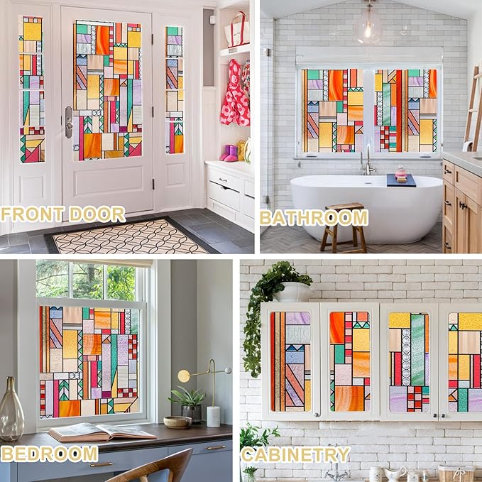 3D Stained Glass Window Privacy Film, Heat Control UV Blocking Static Cling Decorative Window Film for Bathroom,Front Door,Home Non Adhesive,16.9 x 39.3 inches Autumn Reverie