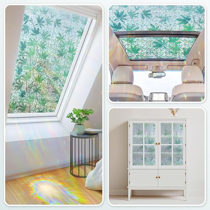 Haton Window Privacy Film, Decorative Stained Glass Window Clings, 3D UV Sun Blocking Sticker, Removable Static Cling Heat Control Tint for Home Door, Leaf Rainbow, 23.6" x 78.7" Non-Adhesive