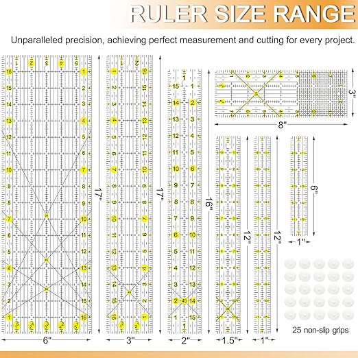 Quilting Ruler, Sewing Ruler, 8 Pack, Acrylic Quilting Templates(6"x17", 3"x17", 2"x16", 1.5"x12", 1"x12", 1"x6", 8"x3"), Non Slip Rings 25 Pieces, Sewing and Quilting Supplies - Clear/Yellow