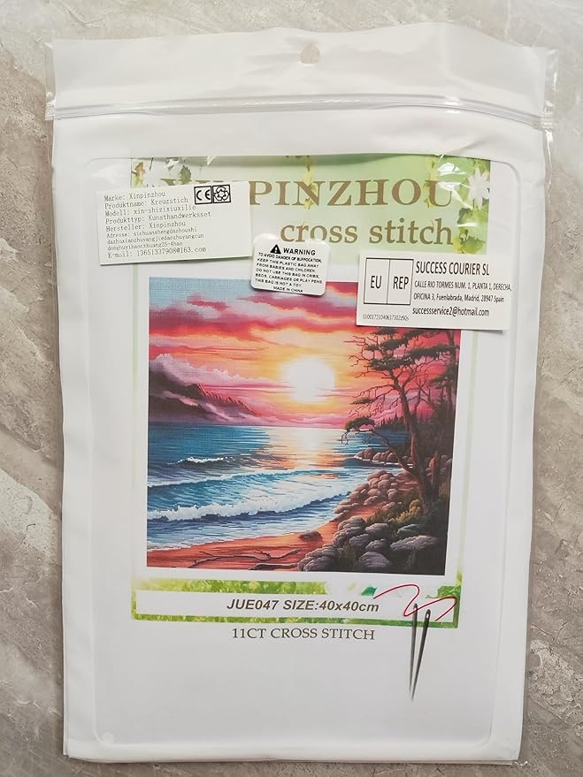 Xinpinzhou Seaside Landscape 11ct Cross Stitch Kits, 11 CT Funny Pre Printed Counted Stamped Cross Stitch Embroidery Needlepoint Patterns Kits for Beginners Adults Crossstitch 40x40 cm