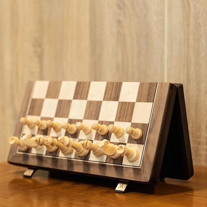A&A 15" Magnetic Wooden Chess Set, Handmade 3" King Height Knight Staunton Chess Pieces with 2 Extra Queen, Folding Portable Travel Game Set