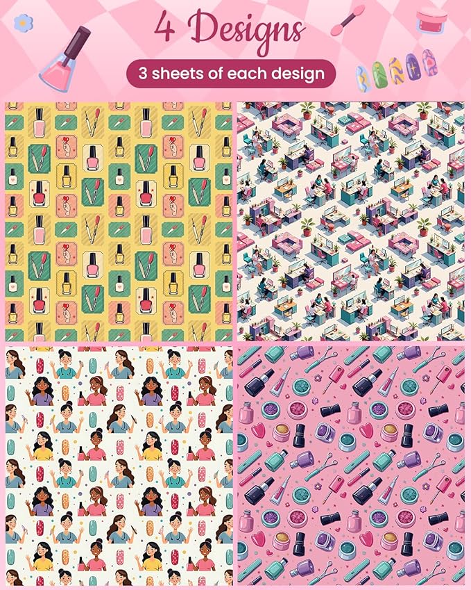 Pineraap 12 Sheets Nail Art Wrapping Paper, Manicure Gift Wrap Paper with Nails Polish Bottles & Salon Scenes, Folded Flat Paper for Nail Art Lovers Birthday DIY Crafts, 19.7 x 27.6 Inch