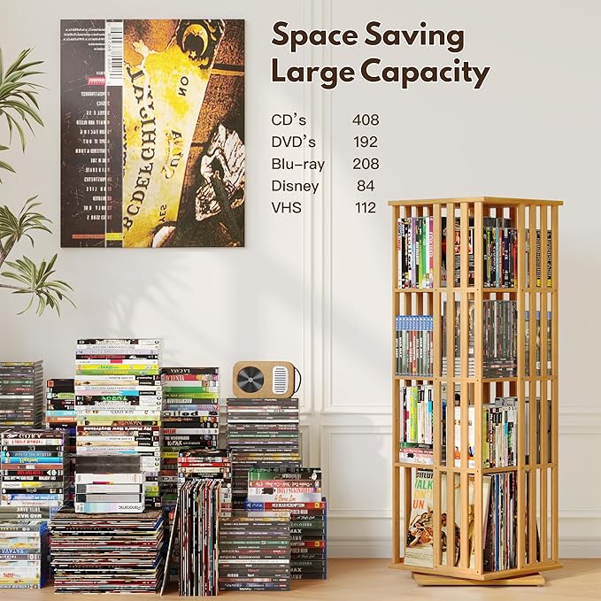 XIMN 360° Rotating Bamboo CD/DVD Shelf - 6-Tier Space-Saving Media Storage Cabinet for Movies, Organizer with Super Compact Design (Nature, 4 Tier)