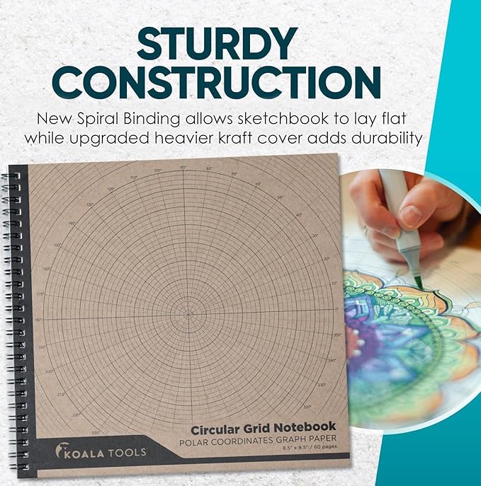 KOALA TOOLS - Circular Grid Sketchbook with Polar Coordinate Graph Paper, Polar Grid for Circular Designs, Mandala, and Geometric Patterns, 8.5 x 8.5 inches, 60 pages - Pack of 3