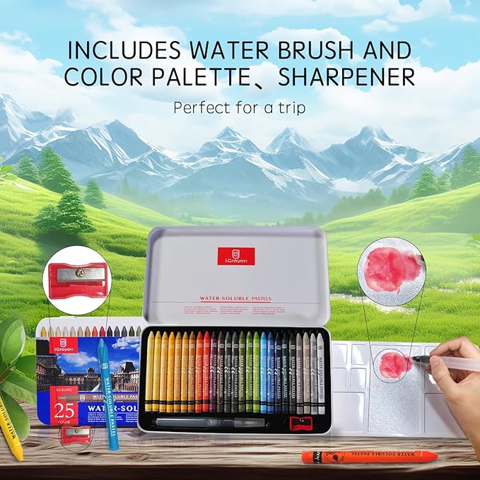 25 Colors Water Soluble Pastels, Watercolor Pastels Set for Beginners and Hobbyists, Includes Sharpener, Palette & Brush for Vibrant Art Creations (Europe)