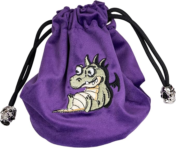 Large DND Dice Bag Purple Velvet Storage Bag with Cartoon Dragon Pattern for Role Playing Games Tabletop Games - Capacity 100+ Polyhedral Dice