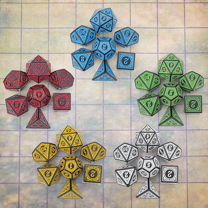 Coyeekn DND Dice Polyhedral Dice, 5 Sets of Dragons and Dungeons,RPG MTG Table Game Vintage Dice Carving Dice (35Pieces)