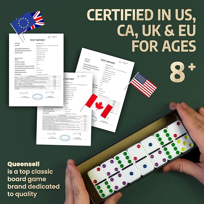 Queensell Dominos Set for Adults with Colored Dots - Double 6 Dominoes Set is a Classic Board Games for Kids and Adults - Double Six Standard Dominos Set 28 Tiles