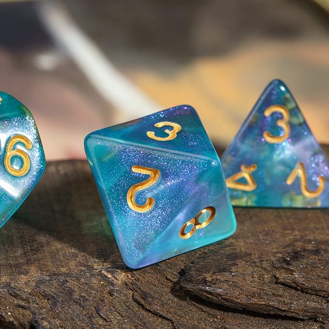 7-Die DND Dice Set Polyhedral Dice Set with a Leather Dice Bag, D&D Dice Set for Dungeons and Dragons, RPG Table Games (Purple Cyan/Glitter)