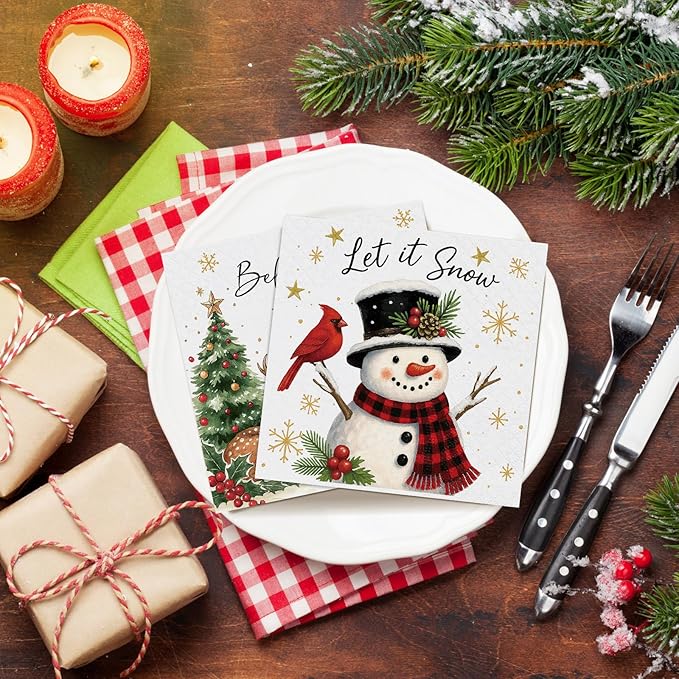 Janlaugh 200 Pcs Christmas Paper Cocktail Napkins Disposable 2 Ply Xmas Style Decoupage Beverage Napkins for Xmas Holiday Winter Dinner Table Decor (Classic Style)