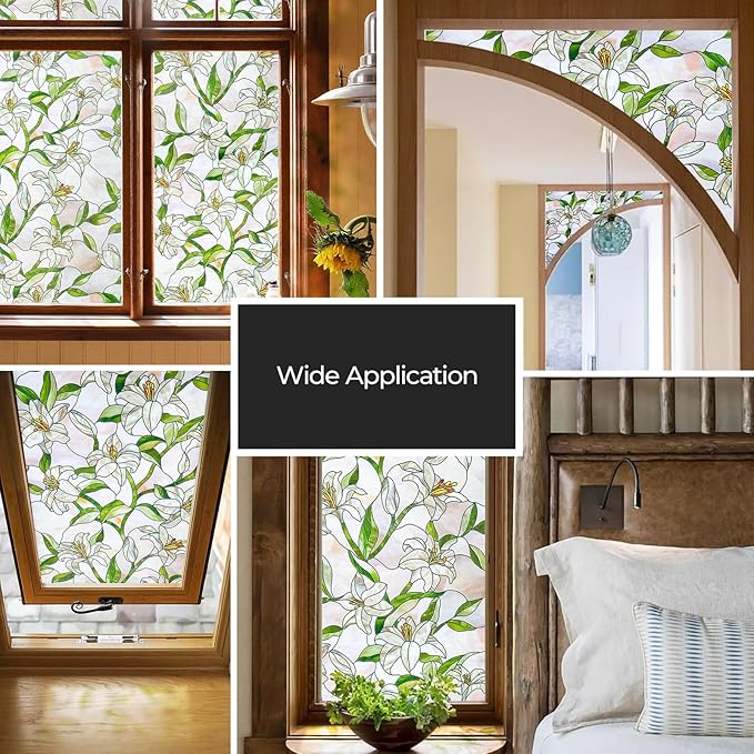 3D Stained Glass Window Film, Decorative Window Privacy Film for Bathroom,Front Door,Home, Sun Blocking Heat Control,Static Cling, White Lily 23.6inch x 35.4inch