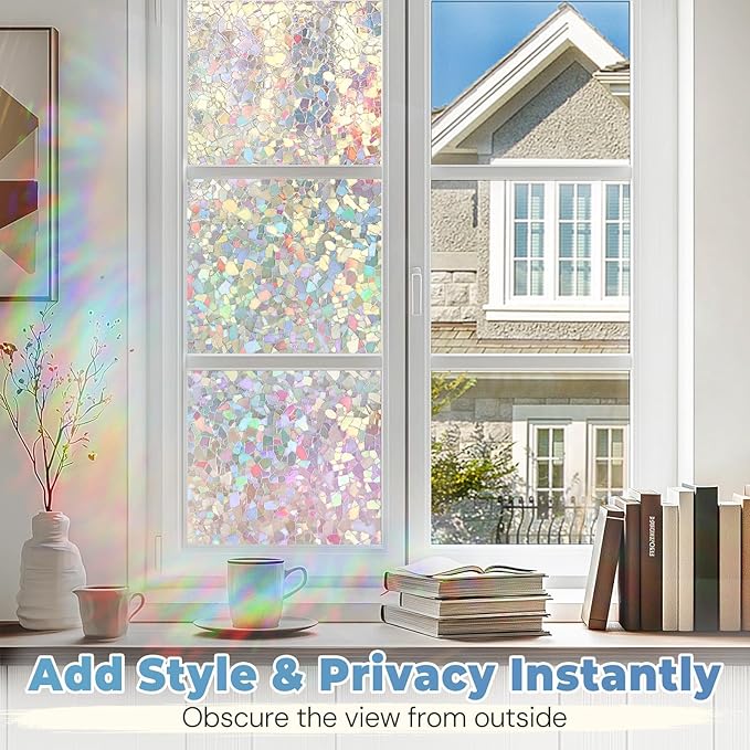 DOWELL Window Privacy Film Rainbow Film, Stained Glass Decorative Sticker, Static Cling Non-Adhesive Glass Clings, Sun Blocking Heat Control Window Coverings for Home Door, 17.5" x 118.1"
