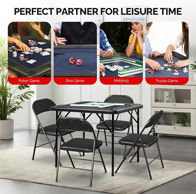 PEXMOR 35" Foldable Mahjong Table, 4 Player Card Game Table w/Cup Holders & Chip Grooves, Portable Folding Poker Domino Board Game Table for Blackjack, Texas Hold'em, Jigsaw Puzzles Game (Blue, 35")