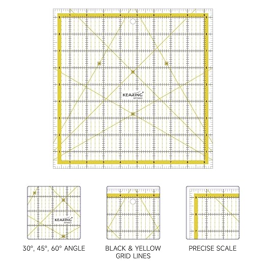 KERING Square Quilting Ruler - 9.5x9.5 inch Anti-Slip Acrylic Ruler for Patchwork Piecing, Bias Strips & Rotary Cutting, Professional Quilter's Tool with Dual-Angle Guide