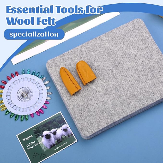 WONVOC Needle Felting Mat, Needle Felting Tools, 8''x10''x1'' Natural Felting Wool Mat, Felting Pad, Needle Felting Supplies, with Finger Cots and 30 Straight Pins, Felt Pad for Making Felting Crafts