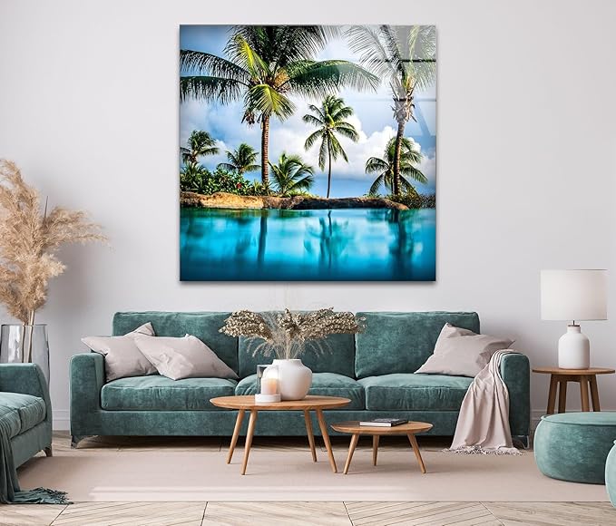 My Photostation.com 30Wx24H'' Island & Blue Sea Glass Wall ArtTempered Glass Printing Wall Decor Large Wall Art Wall Hangings