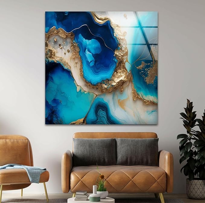 My Photostation.com 35.5Wx30H'' Blue Alcohol ink Glass Wall ArtTempered Glass Printing Wall Decor Large Wall Art Wall Hangings