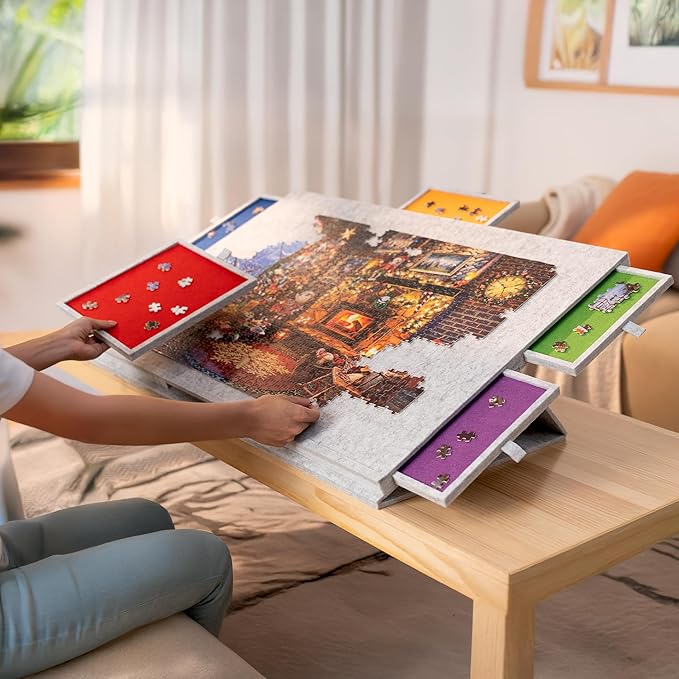 Lavievert 1500 Piece Tilting Puzzle Board with 2-in-1 Designed Stand & Cover, Lightweight Felt Mat Plateau with 6 Colored Drawers, Portable Jigsaw Puzzle Table with Storage for Adults (Light Gray)