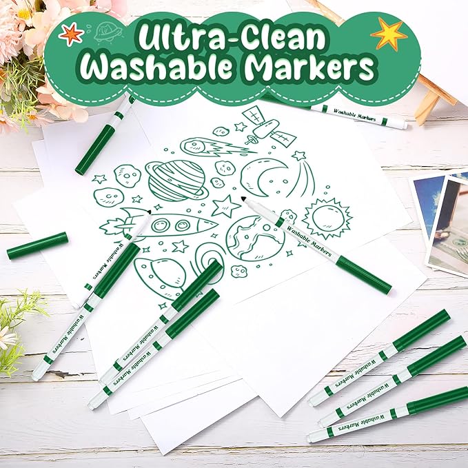 18 Pcs Line Washable Markers Bulk Green Fine Tip Markers Set Coloring Thin Tip Drawing Washable Pen for Kids Art School Classroom Back to School Gender Reveal Party Supplies, Ages 6+