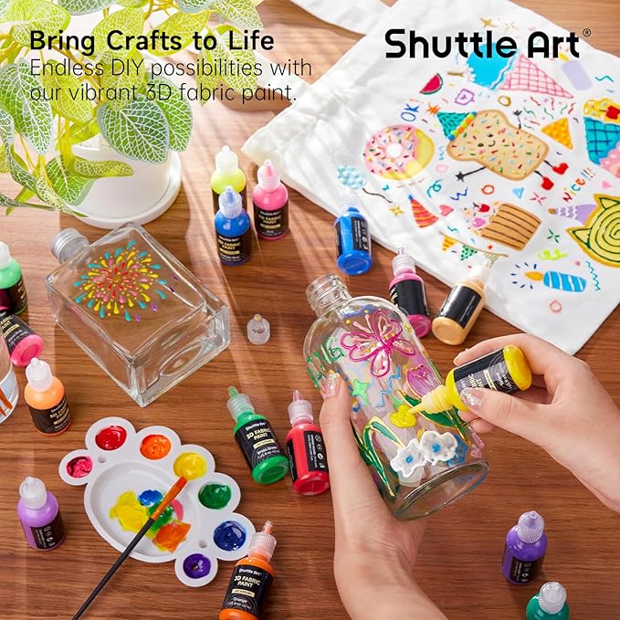 Shuttle Art Fabric Paint, 24 Colors 3D Permanent Paint with Brushes Palette Pen Fabric Sheet Stencils, Glow in The Dark, Glitter, Metallic Colors for Textile Fabric T-shirt Jeans Glass