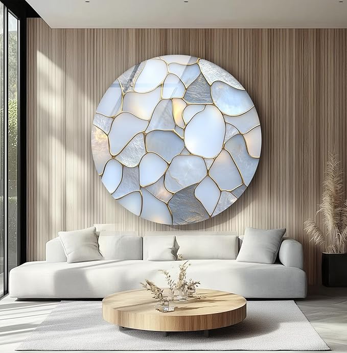My Photostation.com 31.5''(80cm) Diameter White Stone Mosaic Round Glass Wall Art Tempered Glass Printing Wall Decor Large Wall Art Wall Hangings